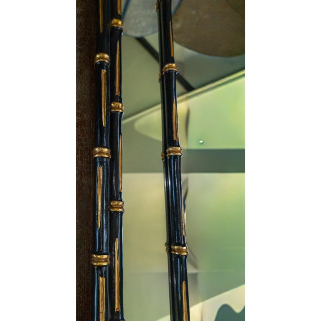 Mid-Century Faux Bamboo Chinoiserie Black and Gold Carved Wood Mirror For Sale - Image 11 of 16