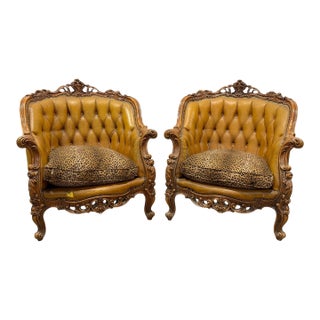 Early 20th Century Pair of Rococo Club Chairs - Detailed Walnut Frame Original Leather- Statement Chairs For Sale