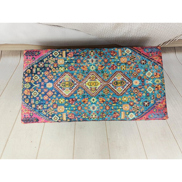 Pink Blue Rug Print Fabric Upholstered Padded Storage Bench For Sale In Raleigh - Image 6 of 9