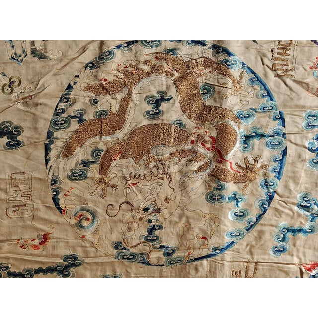 Chinese 1820s Beige Medallion Dragon Antique Flat Weave Rug Silk Chinese Embroidery 9'10" X 10' Carpet For Sale - Image 3 of 6
