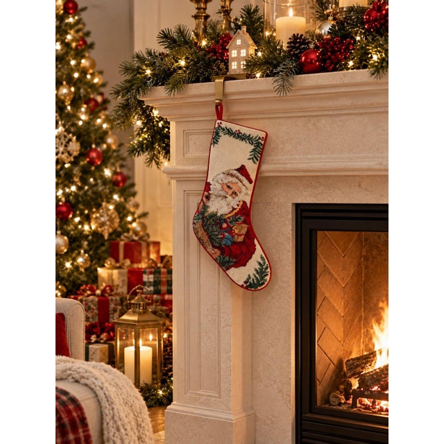 Vintage Handmade Needlepoint Christmas Stocking Santa Claus Red Velvet 20" For Sale - Image 4 of 4