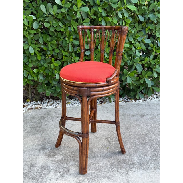 English Tommy Bahama Island Estate Faux Bamboo Swivel Barstools, Set of Four For Sale - Image 3 of 12