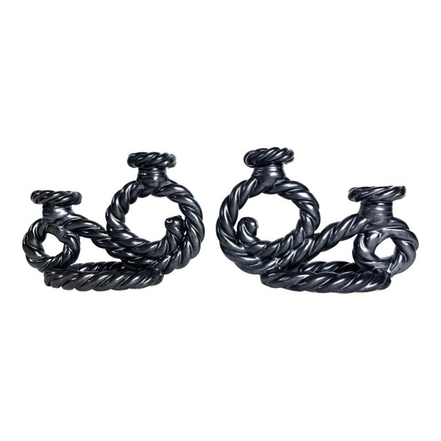 Pair of Twisted Rope Ceramic Two Light Vallauris Candlesticks For Sale