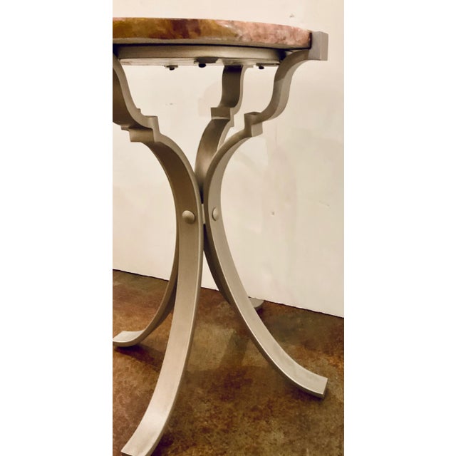 Stylish Modern Pink Dragon Onyx Spot Table, silver finished metal base, showroom floor sample