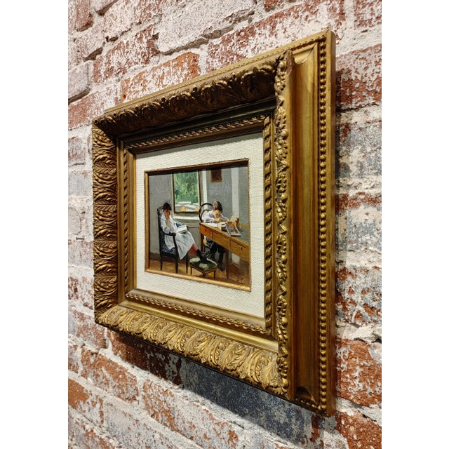 Alexi Stepanov -Children Doing Homework by the Window-Oil Painting C.1910s For Sale - Image 9 of 11