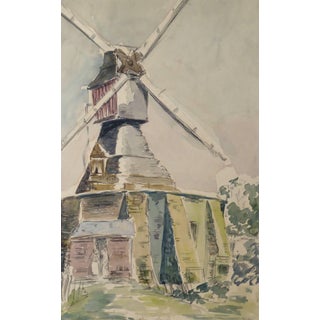 Vintage French Watercolor - Windmill For Sale