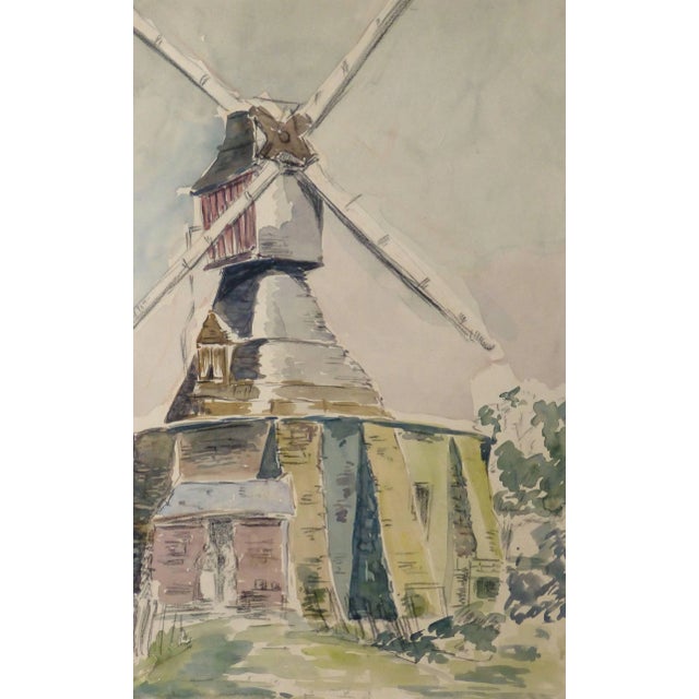 Vintage French Watercolor - Windmill For Sale