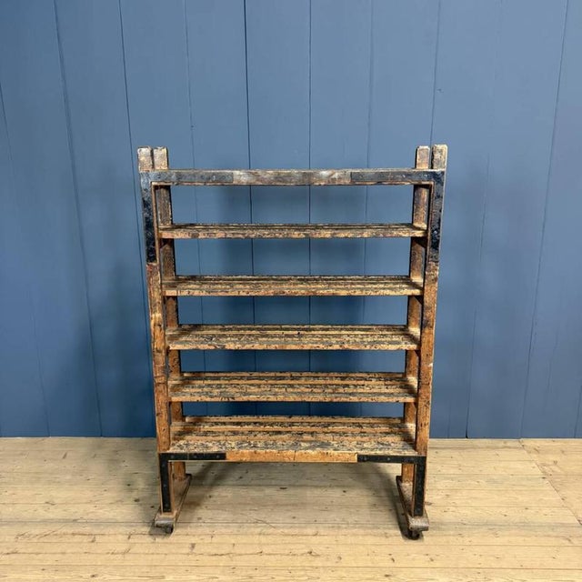 Brown Wooden Workshop Rack with Cast Iron Wheels For Sale - Image 8 of 18