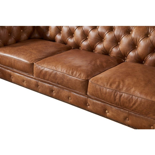 Duplicate Crafters and Weavers Century Light Brown Leather Chesterfield Sofa For Sale - Image 4 of 5
