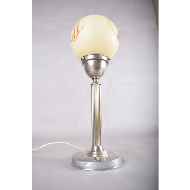 Industrial Vintage Art Deco Machine Age Table Lamp with Frosted Glass Globe, 1920s For Sale - Image 3 of 16