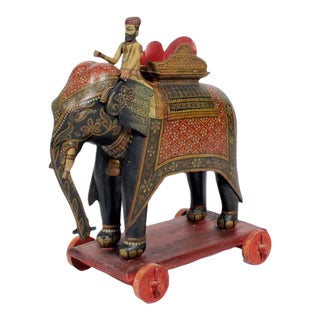 Large Painted Elephant and Rider on Wheeled Base For Sale