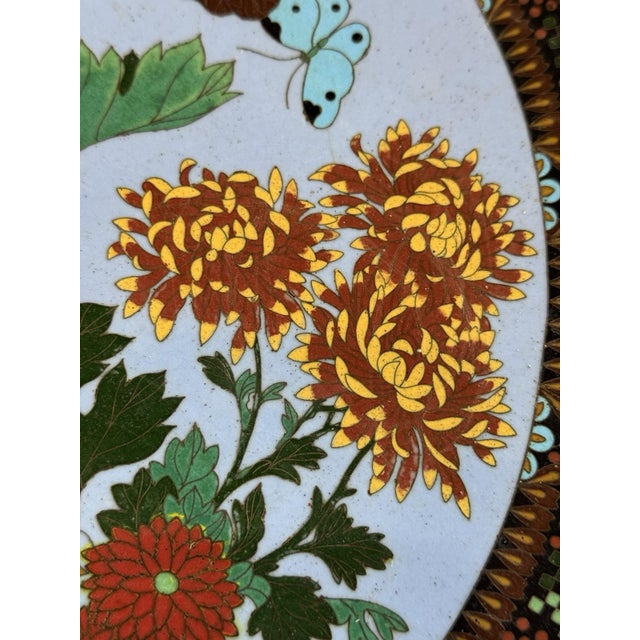 Japanese Cloisonne Enamel Plate With Chrysanthemums Butterflies Lavender Ground For Sale In New York - Image 6 of 17