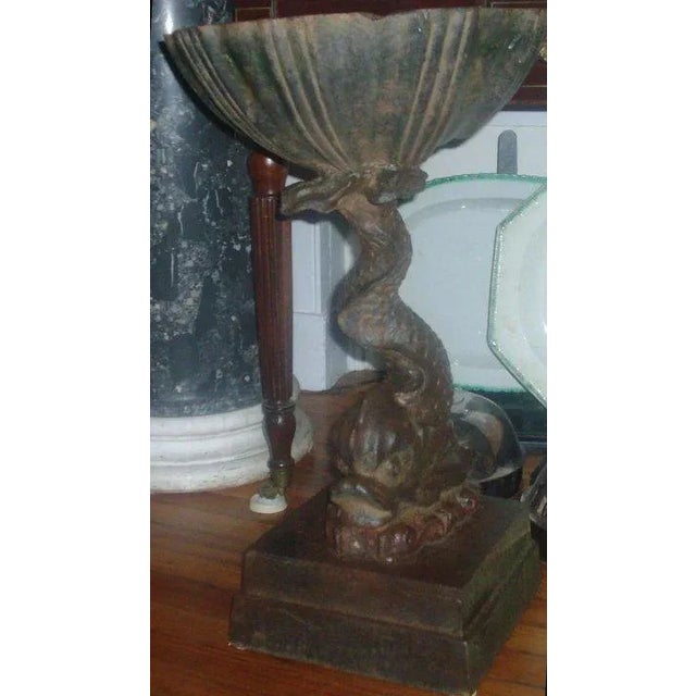 Metal 19th Century American Cast Iron Dolphin Support & Shell Basin Bird Bath Font or Planter For Sale - Image 7 of 11