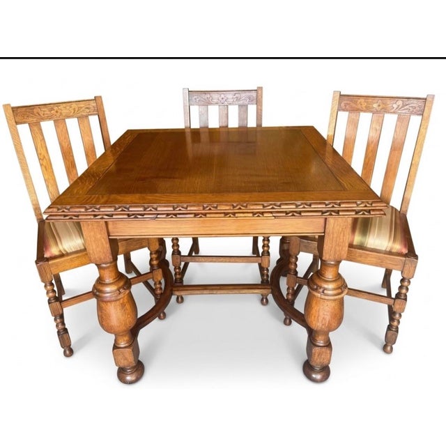 Jacobean Rare 1925 Jacobean-Elizabethan Solid Oak Draw-Leaf Dining Set – Hand-Carved Masterpiece For Sale - Image 3 of 12