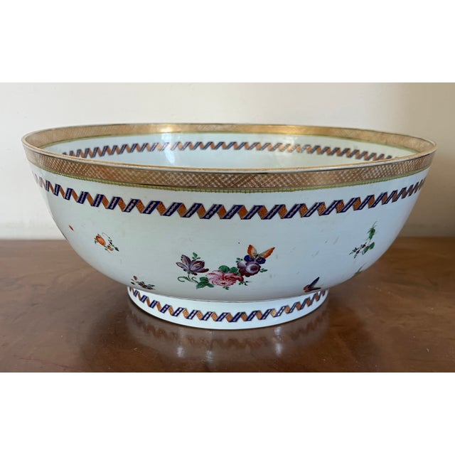 Large Antique 18th Century Chinese Export Famille Rose Porcelain Punch Bowl Decorated With Flowers, Fruit and Butterflies For Sale - Image 10 of 12