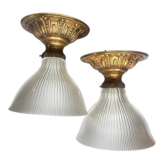 Pair Holophane Fluted Flushmounts on Old Embossed Brass Holders, Original Patina Circa 1920 For Sale