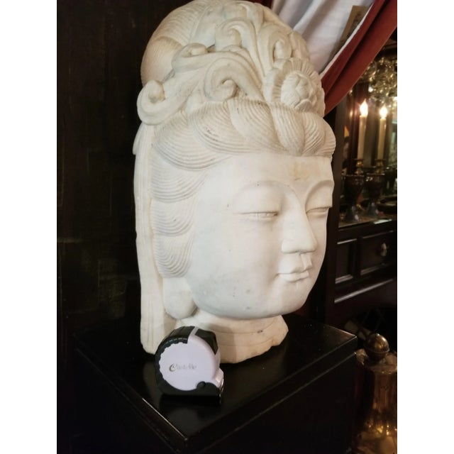 Antique Chinese Female Marble Bust with Black Wooden Pedestal For Sale - Image 4 of 12