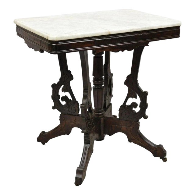 Antique Eastlake Victorian Marble Top Carved Walnut Parlor Accent Side Table For Sale