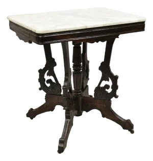 Antique Eastlake Victorian Marble Top Carved Walnut Parlor Accent Side Table