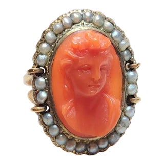 Antique Victorian Coral Cameo Pearl Gold Ring Size 6 For Sale