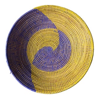 African Coiled Straw Basket, 14.75 In. Diameter, Purple and Yellow For Sale