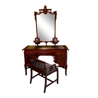 Early 20th Century Williamsport Furniture Company Chinese Chippendale Vanity with Mirror and Bench For Sale