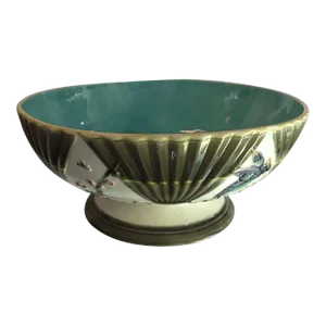 Antique 19th Century Wedgwood Majolica Argenta Ware Footed Bowl Decorated with Birds and Fans