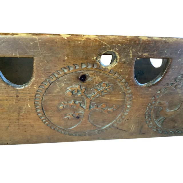 Folk Art Rare Antique 19th C European Folk Art Rocking Cradle Hand Carved Wood Catholic Iconography and Monogram For Sale - Image 3 of 10