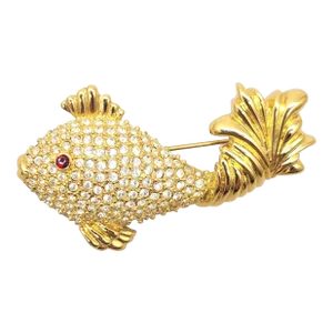 Vintage 1990s Signed Napier Goldtone Pavé Clear Rhinestone Fish Brooch