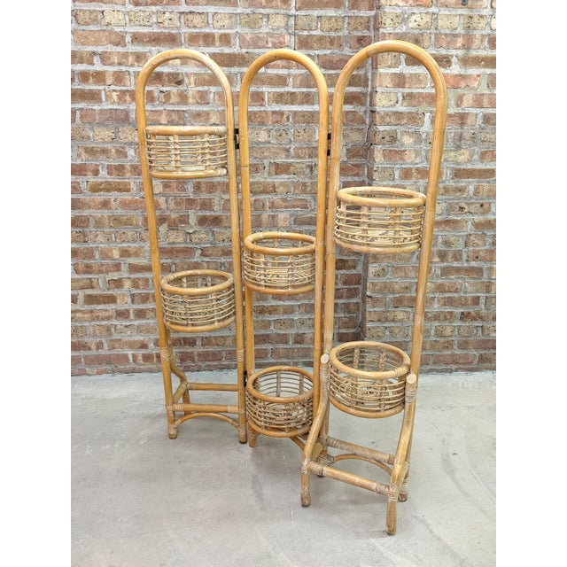 Vintage Boho Chic Distressed Rattan Folding Plant Stand Room Divider