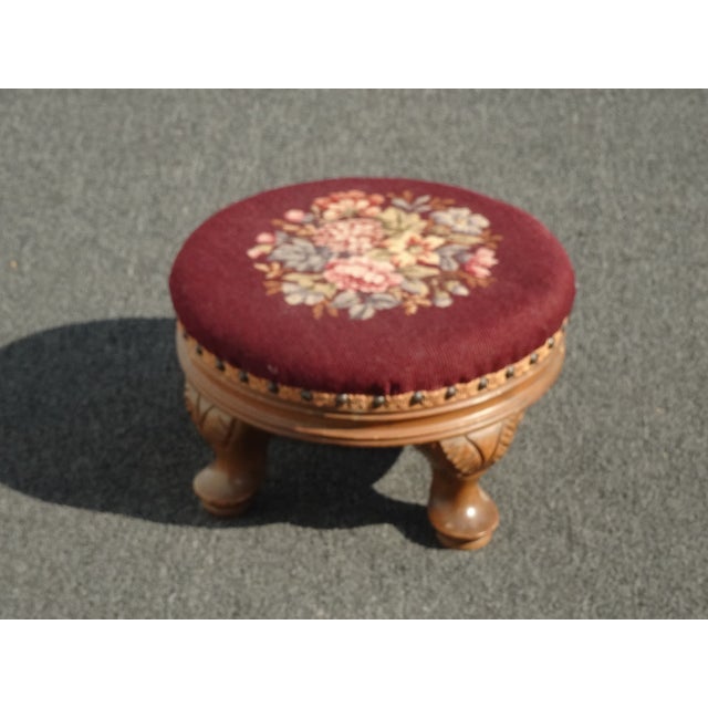 Footstool ~ Vintage French Country Burgundy Floral Round Needlepoint Footstool#2 For Sale In Los Angeles - Image 6 of 16