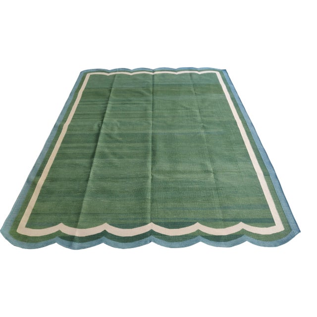 Textile Handmade Cotton Natural Vegetable Dyed Scalloped Green Rug- 5'x7' For Sale - Image 7 of 9