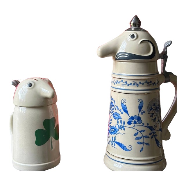 Vintage 1960s Utica Club "Schultz & Dooley" German Lidded Steins & Advertising Tray - 3 Piece Set For Sale
