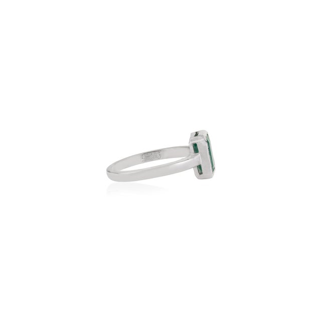 Metal Modern Emerald Cut Natural Emerald Ring, 1.6 CTW in Solid 925 Sterling Silver- Size 7 For Sale - Image 7 of 11