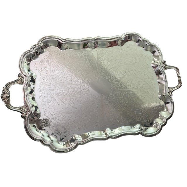 Metal Large Vintage f.b. Rogers Silverplate Footed Butler’s Serving Tray - 27.5” For Sale - Image 7 of 13