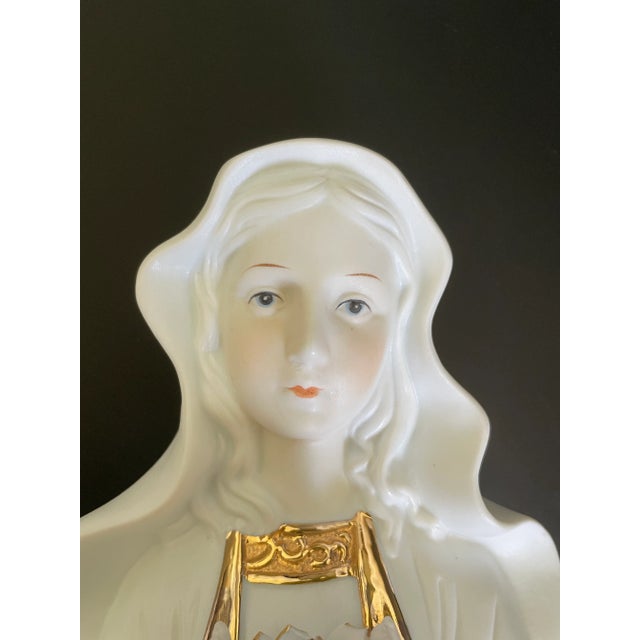 Ceramic Vintage Gold Gild Bisque Porcelain Madonna Virgin Mary Holding Rose Bust Figurine For Sale - Image 7 of 13