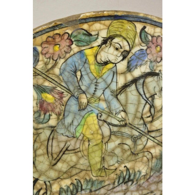 Persian Antique Persian Iznik Qajar Style Ceramic Pottery Blue Oval Horse Rider Tile C3 For Sale - Image 3 of 10