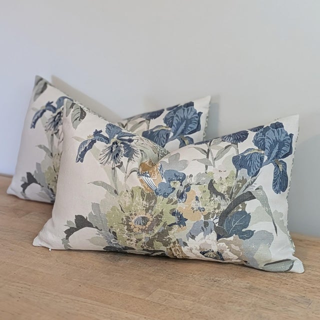 Gp & J Baker Birds & Iris Lumbar Pillows in Soft Teal For Sale - Image 4 of 6