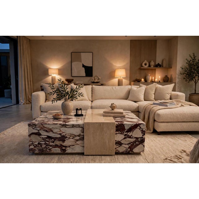 Square Marble Coffee Table in Calacatta Viola and Roman Travertine Marble by Andrea Grasso For Sale - Image 4 of 7