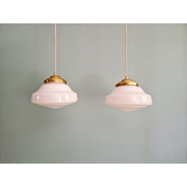 Gold Art Deco Pendant Lights in White Opaline Glass, 1930s, Set of 2 For Sale - Image 8 of 10