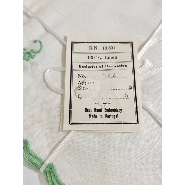 1960s Vintage Portuguese Linen Cocktail Napkins With Green Embroidery, Set of 6, New Old Stock For Sale - Image 5 of 7