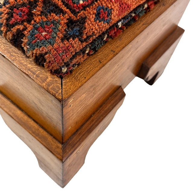 Antique 1920s Handmade Oak Wood Spanish Colonial Revival Arts & Crafts Footstool W/ Hand-Knotted Rug Seat For Sale - Image 9 of 17