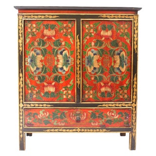 Red Asian Style Painted Bar Cabinet For Sale
