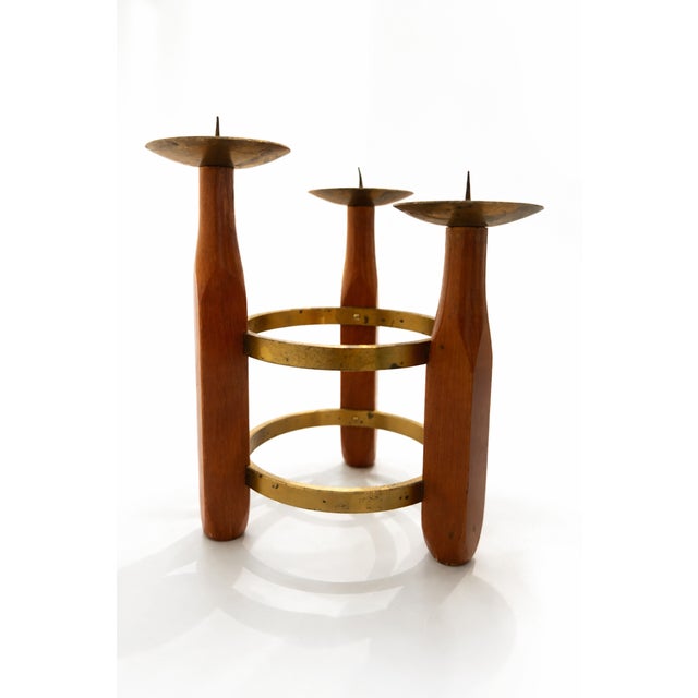 1960s Mid-Century Modern Scandinavian Teak and Brass Circular Candleholder, 1960 For Sale - Image 5 of 10