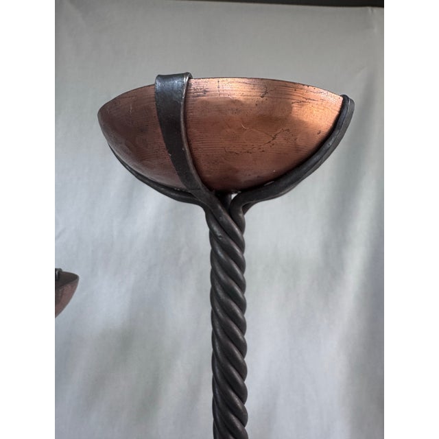 Copper Vintage Brutalist Copper Cup Twisted Iron Metal Candlesticks, Set of Three For Sale - Image 8 of 11