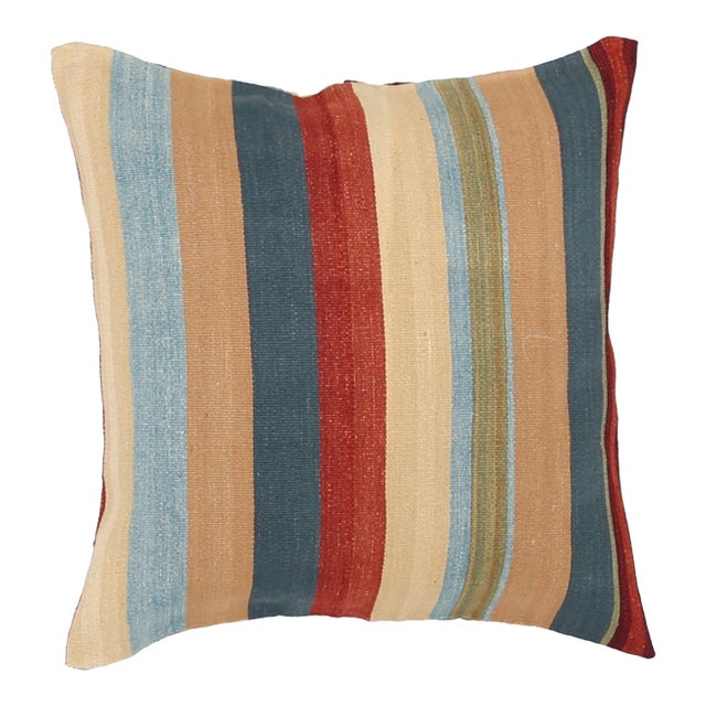Arteverk Handwoven Reversible Wool Kilim Floor Pillow — Blue & Red Stripe (29") For Sale