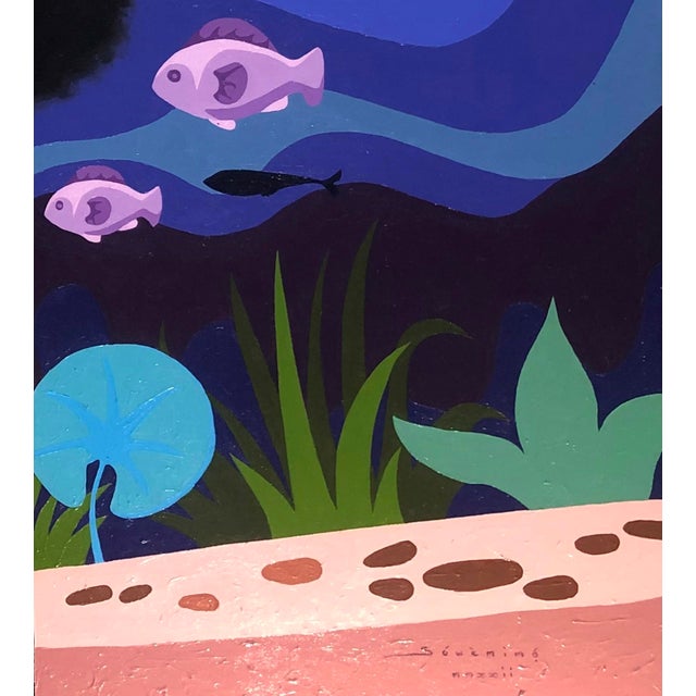 This portrait features a woman gazing thoughtfully, her profile set against a vibrant underwater scene filled with...