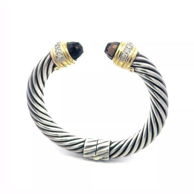 1990s David Yurman Diamond Gold Cuff Bracelet 18k Sterling Silver Smoky Topaz 10mm For Sale - Image 5 of 7