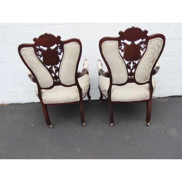 Victorian Victorian Late 1880s Carved Inlay Side Chairs a Pair 6643 For Sale - Image 3 of 17