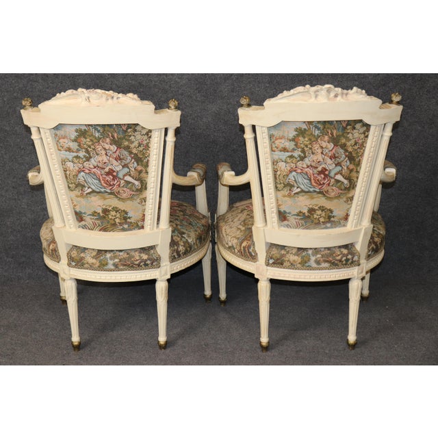 Early 20th C Pair Louis XVI Style Creme Painted W/ Gold Accent Armchairs For Sale - Image 4 of 15